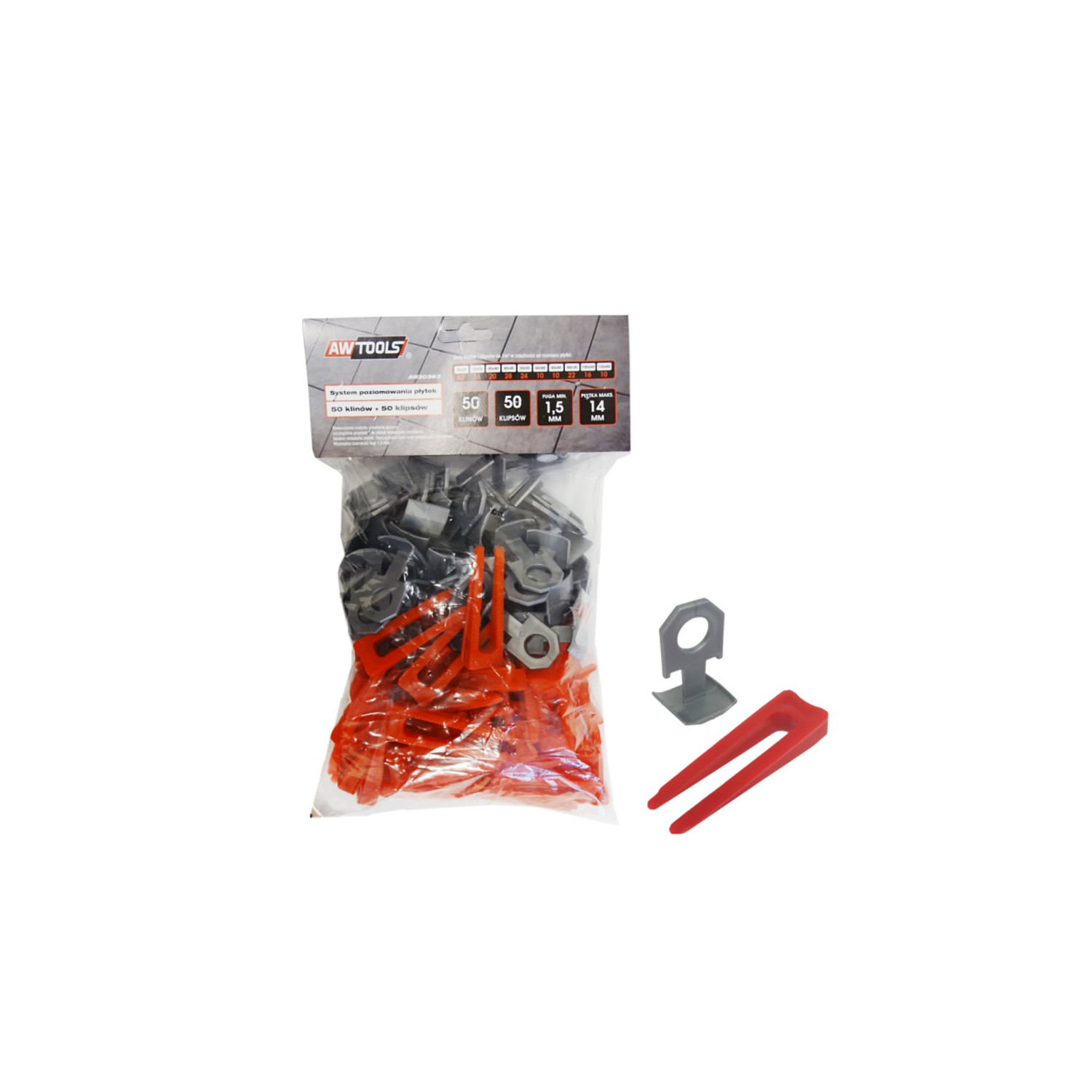 SYSTEM POZIOMOWANIA PŁYTEK STANDARD 1,5mm - 7-15mm - KLIPS 50szt. + KLIN 50szt.