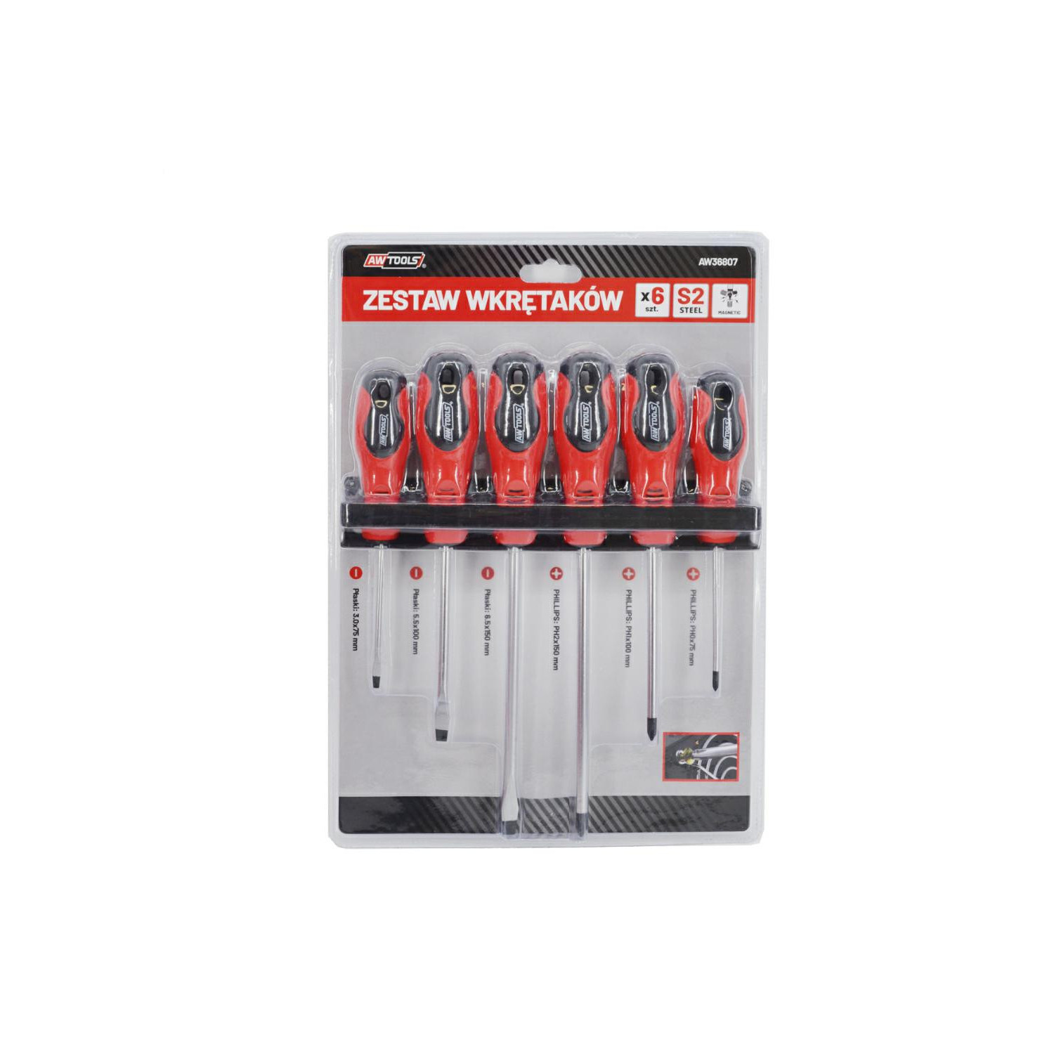 SCREWDRIVER SET 3xSL+3xPH 6pcs w/ WALL-MOUNT RACK SCREWDRIVER SET 3xSL+3xPH 6pcs w/ WALL-MOUNT RACK