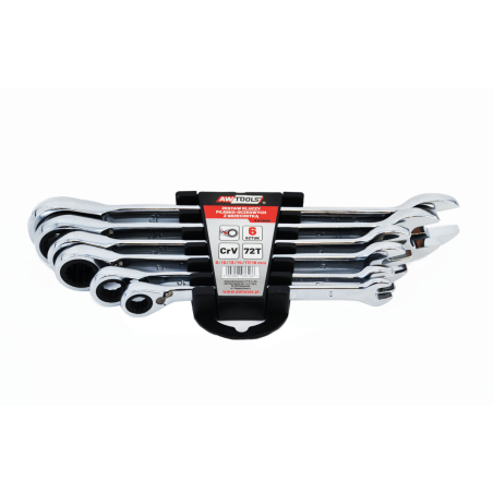 KLUCZE PŁASKO-OCZKOWE Z GRZECHOTKĄ KOMPLET 6 szt. 8-19mm Z PRZEŁĄCZNIKIEM