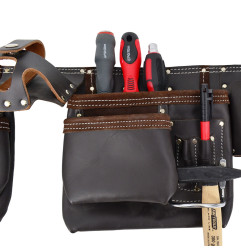 11-POCKET SUEDE/ GRAIN OIL-TANNED LEATHER DOUBLE TOOL BELT BLACK LINE