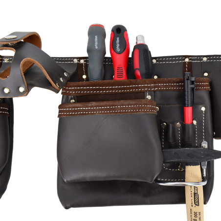 11-POCKET SUEDE/ GRAIN OIL-TANNED LEATHER DOUBLE TOOL BELT BLACK LINE