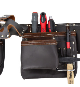 11-POCKET SUEDE/ GRAIN OIL-TANNED LEATHER DOUBLE TOOL BELT BLACK LINE
