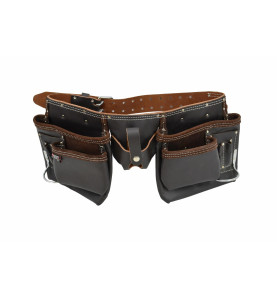11-POCKET SUEDE/ GRAIN OIL-TANNED LEATHER DOUBLE TOOL BELT BLACK LINE