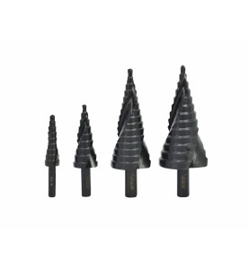 WIERTŁO STOPNIOWE SPIRALNE KPL. 4szt./ 4-12 4-20 4-32 4-39mm/ AICrN/ CZARNE/ ETUI PLASTIK