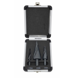 WIERTŁO STOPNIOWE SPIRALNE KPL. 3szt./ 4-12 4-20 4-32mm/ AICrN/ CZARNE/ ETUI PLASTIK.