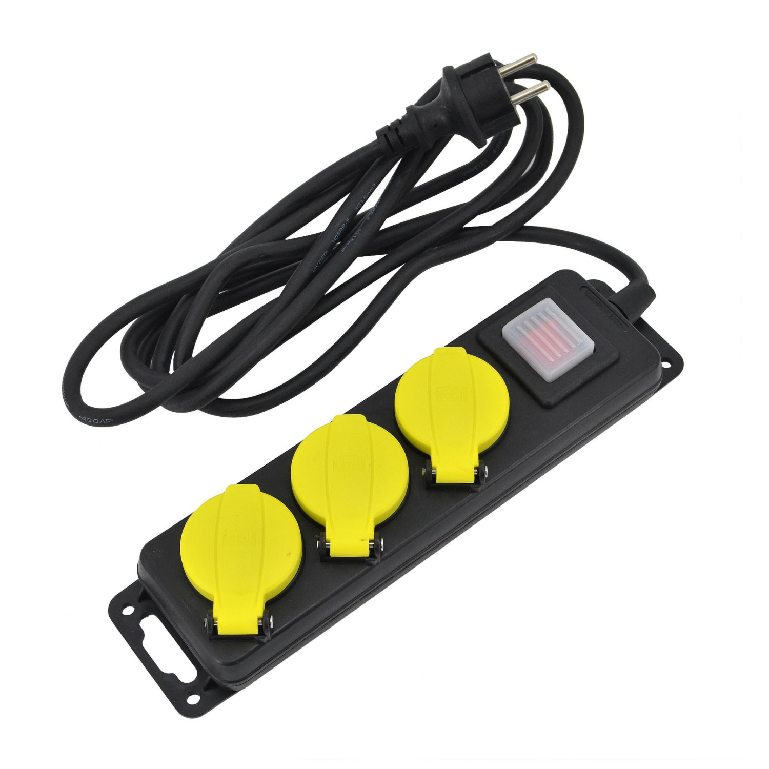 WORKSHOP EXTENSION LEAD/ ON-OFF SWITCH/ GROUNDED/ 3-WAY x 5.0m IP44 3x1.5mm BLACK-YELLOW