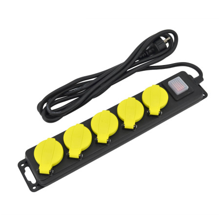 WORKSHOP EXTENSION LEAD/ ON-OFF SWITCH/ GROUNDED 5-WAY x 5.0m IP44 3x1.5mm BLACK-YELLOW