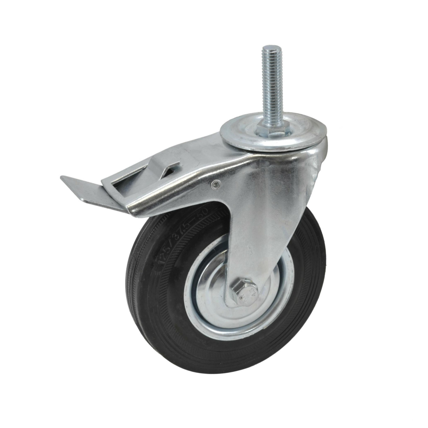 TROLLEY SWIVEL WHEEL WITH RUBBER TYRE, BRAKE & SPINDLE 100mm