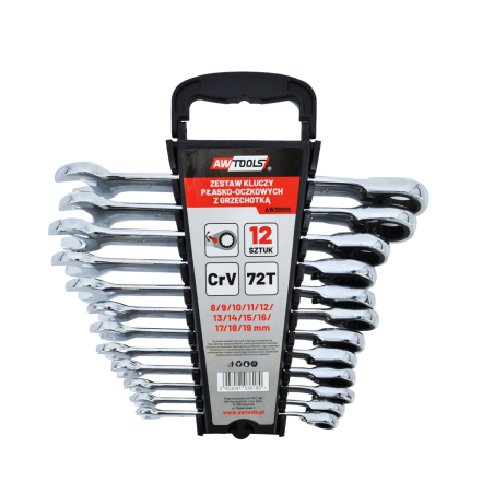 KLUCZE PŁASKO-OCZKOWE Z GRZECHOTKĄ KOMPLET 12 szt. 8-19 mmZ PRZEŁĄCZNIKIEM