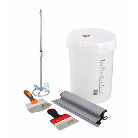 ZESTAW DO MIESZANIA GŁADZI SZPACHLOWEJ 5 ELEM. NR.2 WIADRO+MIESZADŁO+SZPACHELKA PROFILOWANA+SZPACHLA FASAD+SZPACHLA