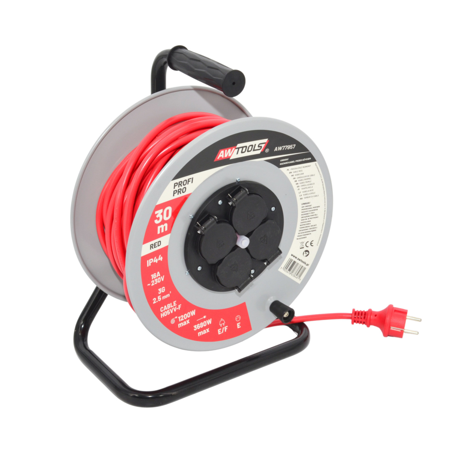 AWTOOLS PRZEDŁUŻACZ BĘBEN METAL PROFI PRO 25m 3x2,5mm CZERWONY 16A / 3680W / IP44